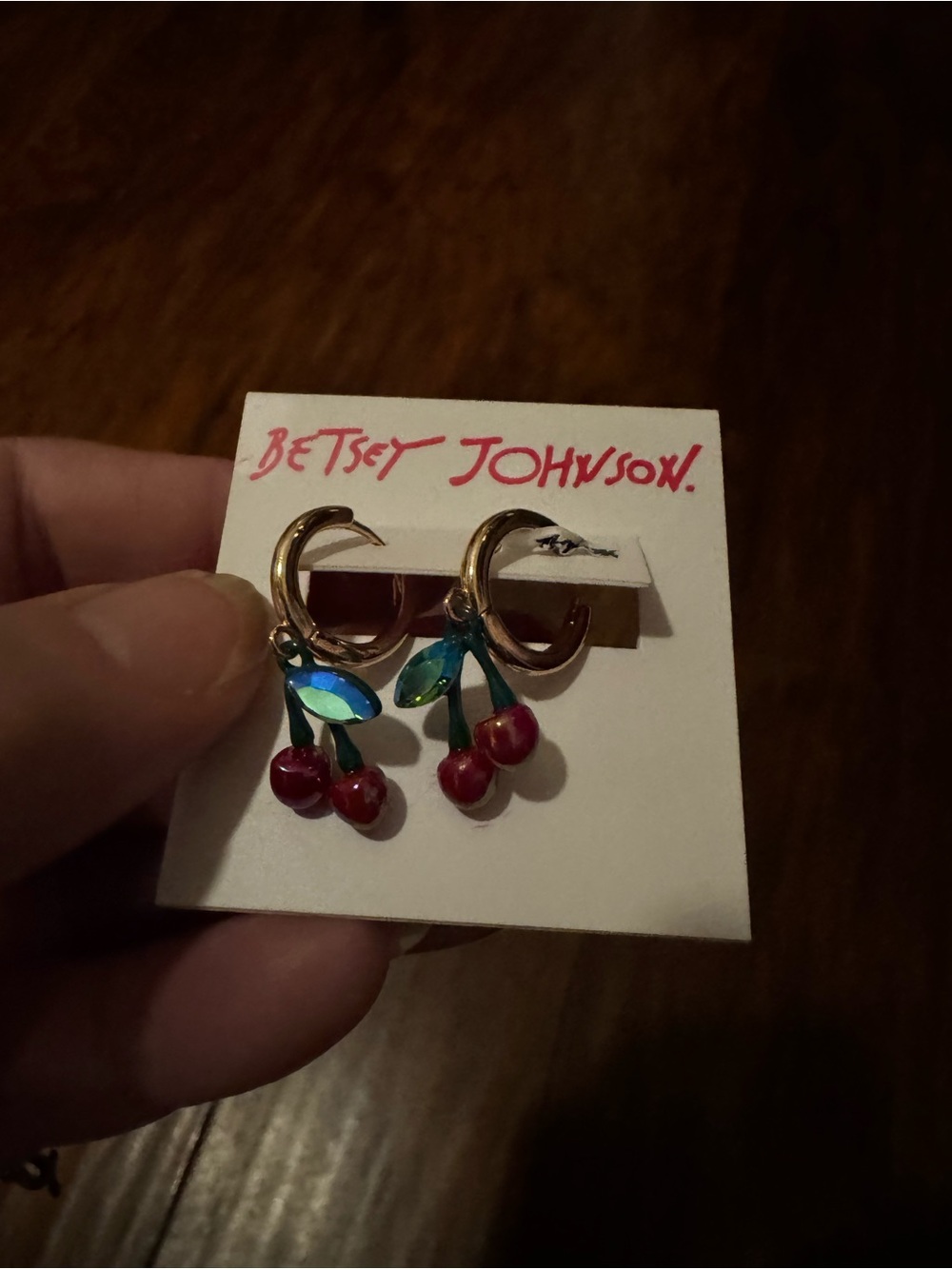 Betsey Johnson Red Cherry Hoop Drop Earrings with Iridescent Leaves